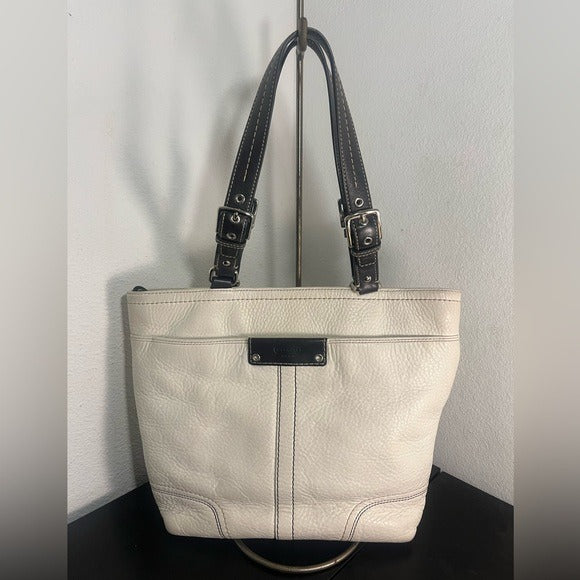 Coach White and Black Leather Tote Bag F13089