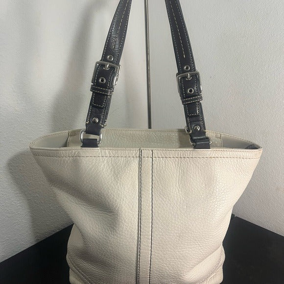 Coach White and Black Leather Tote Bag F13089