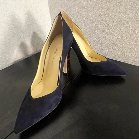 Sarah Flint Navy Suede Pumps w/Leopard Heel